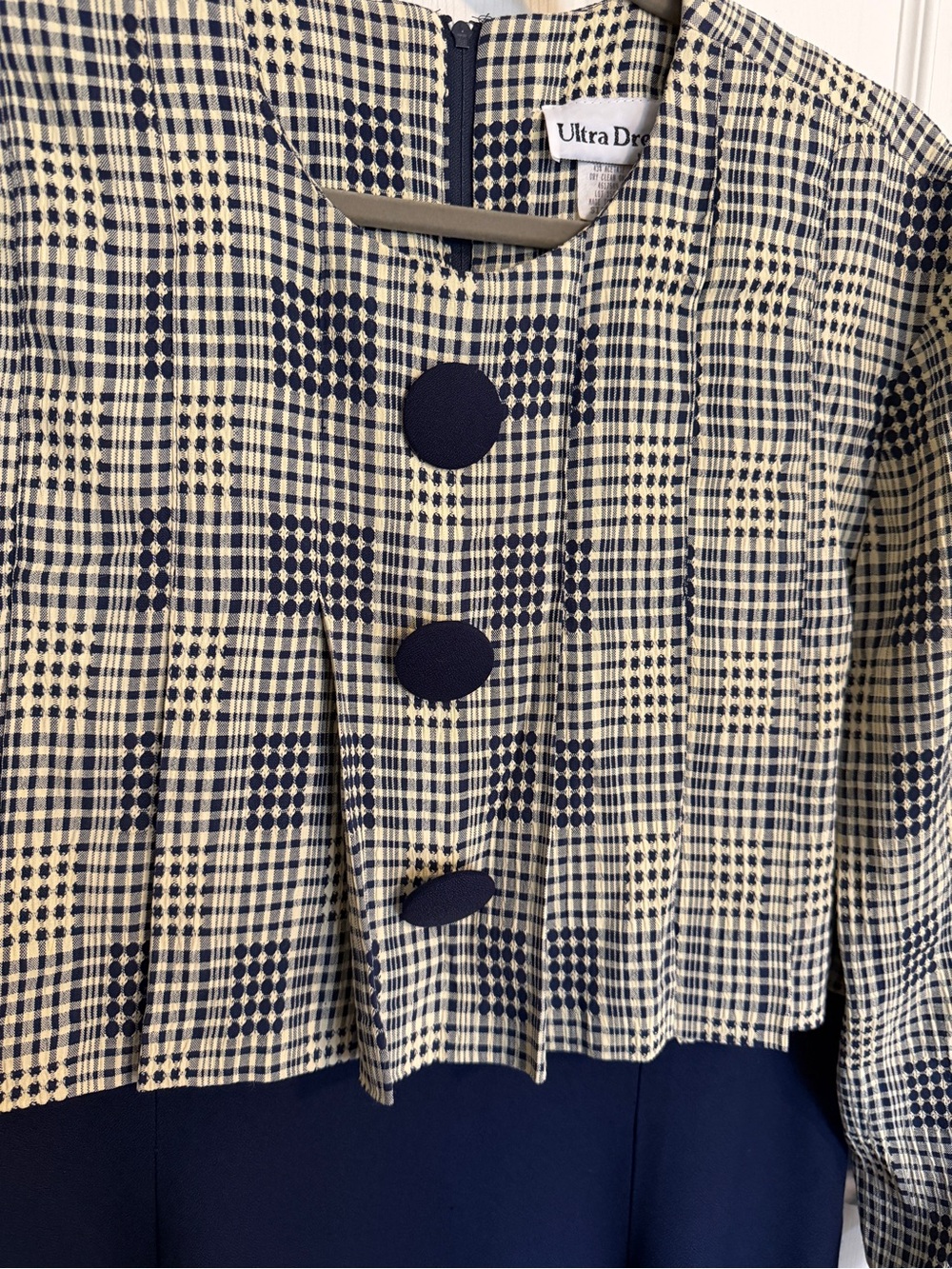 Ultra Dress Size 14 Navy Plaid Overlay Dress Modest Career Church Vintage Style - Picture 3 of 8